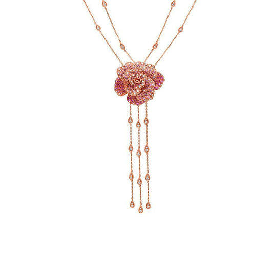 Blossom Flower Double Chain Set with Ruby & Diamond Rose Gold Necklace Set